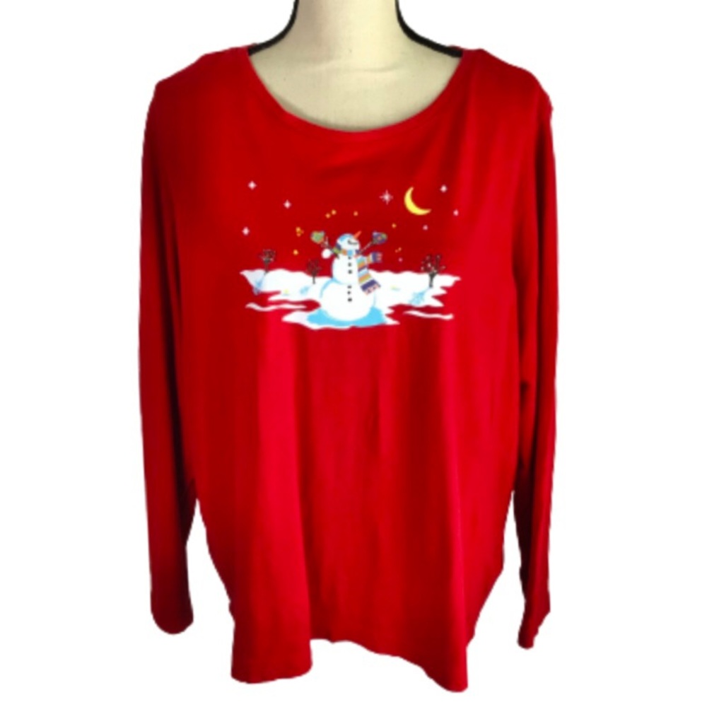 Red Snowman Graphic Crewneck Long Sleeve Tee 2X